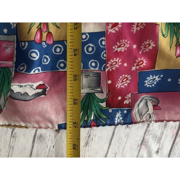 Vintage 90s SILK Scarf Bright Pink Cat Plants oblong 100% Silk Art Funky - Picture 7 of 7